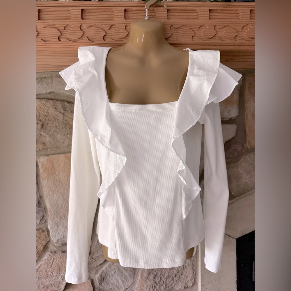 Veronica Beard White Ruffle Long Sleeve Top Medium